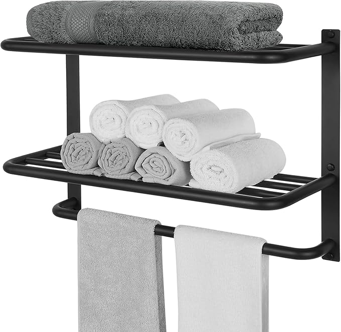Towel Rack for Bathroom, DEWVIE 23 Inch Tower Holder with Tower Bars, SUS 304 Stainless Steel Lavatory Bath Towel Shelf Towel Hanger Wall Mount, 3-Tier (Matte Black)