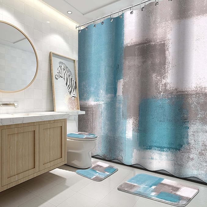 Lnond 4Pcs Bathroom Shower Curtain Sets with Rugs,Sky Blue and Grey White Abstract Painting Bathroom Sets with Shower Curtain and Rugs and Accessories