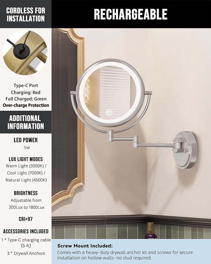 10" Large Wall Mounted Magnifying Mirror with Light, Rechargeable 1X/5X Double-Sided 3 Color 5000mAh Touch Dimmable Extended Arm 360 Rotation Vanity Mirror for Bathroom, Brushed Nickel