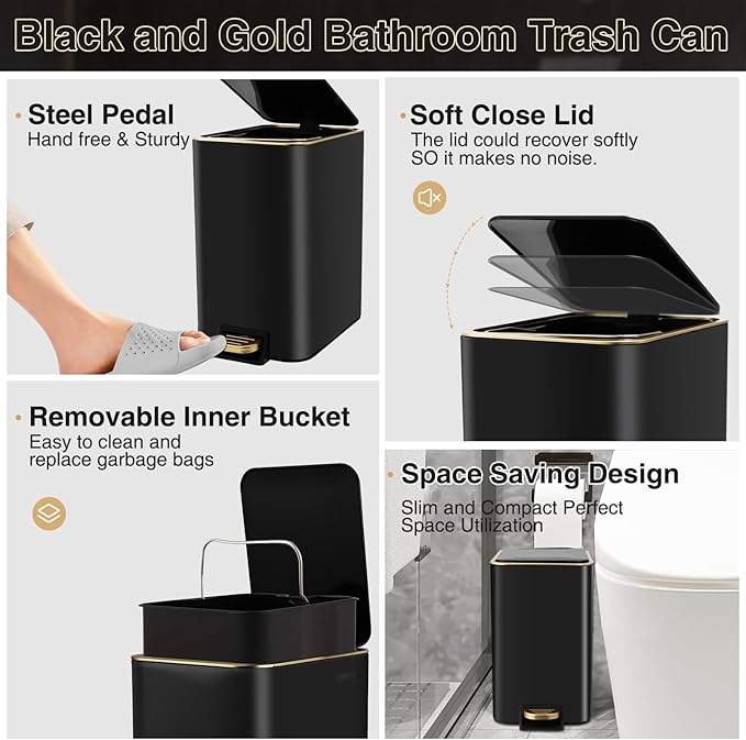 XLHOMO Bathroom Sets with Shower Curtain and Rugs Black Bathroom Accessories Bathroom Set,Soap Dispenser & Toilet Brush Holder Set with Stainless Steel Trash Can