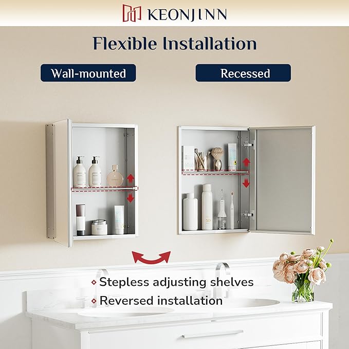 Keonjinn Medicine Cabinet 14 x 18 in, Assembly Required, Bathroom Medicine Cabinets Mirror, Lightweight, One Shelve Only, Surface Mount or Recessed, Tempered Glass