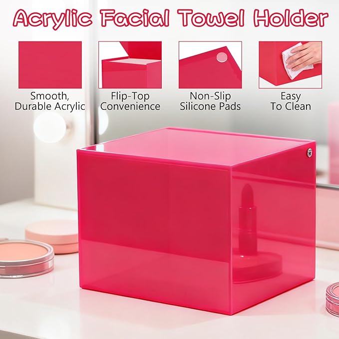Hot Pink Acrylic Disposable Face Towel Holder-Compatible with Clean Skin Club Facial Towel XL, Acrylic Face Towelette Storage Box Container, Cosmetic Organizer for Bathroom Countertop Storage