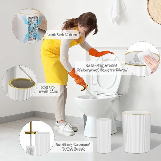 White and Gold Bathroom Accessories Set - Bathroom Sets, 25PC Bath Accessory Set, Bathroom Sets with Push Top Trash Can, Shower Curtain and Rugs, Toilet Brush, Trash Can & Soap Dispenser