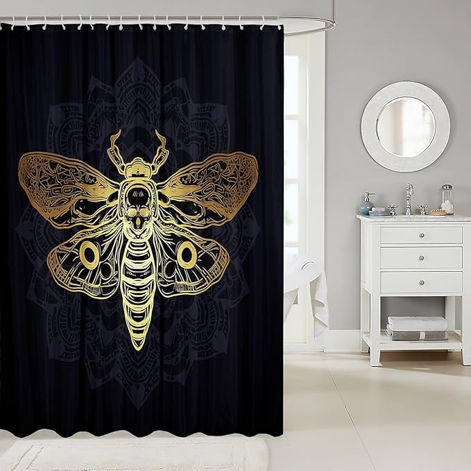 Feelyou Golden Moth Bath Curtain Gothic Skull Moth Pattern Shower Curtain Kids Stalls Decor Pesonalized Skeleton Bones Bathroom Shower Curtain Set Retro Waterproof Polyester Bathroom Curtains 72"x78"