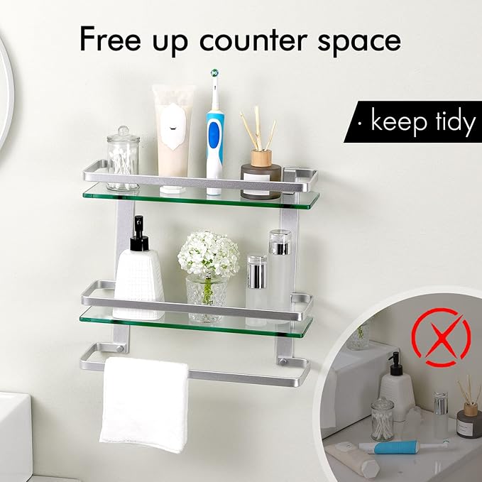 KES Bathroom Tempered Glass Shelf 2 Tier Storage Glass Shelf Rectangular with Bar Wall Mounted Sand Sprayed Anodized Aluminum Finish, A4127B