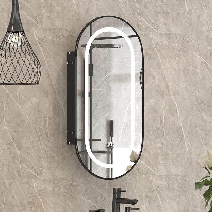Led Oval Medicine Cabinet Mirror for Bathroom,Oval Recessed Black Medicine Cabinet with Mirror,3 Color Adjustable,Lighted Bathroom Cabinet with Storage Wall Mounted,16x31Inch