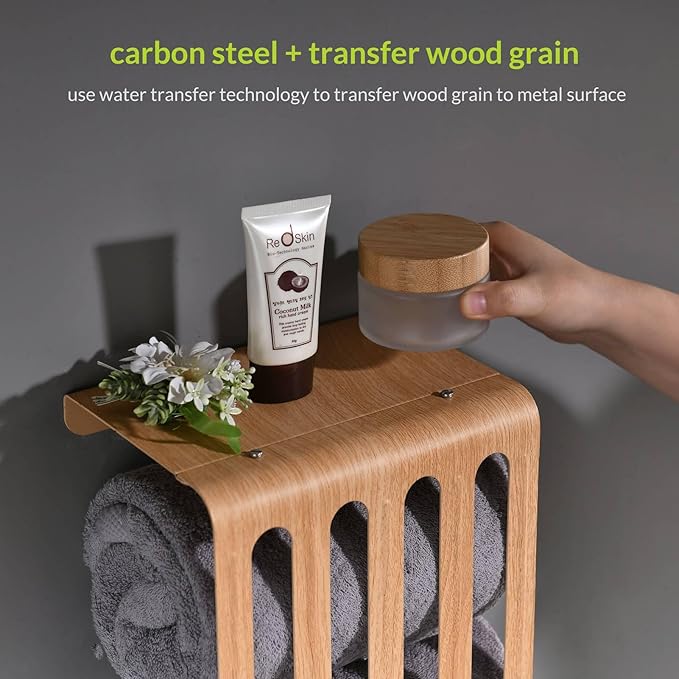 simpletome Towel Storage Rack Adjustable Height Wall Mount Bathroom Shelf Organizer Carbon Steel (Beech)
