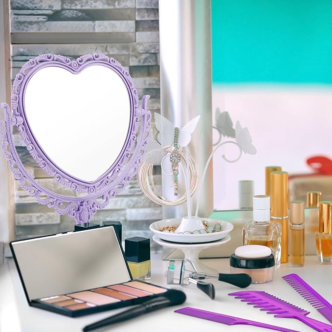 CHENGU Heart Shaped Mirror 8 Pieces Hair Styling Combs Double Sided Rotatable Dresser Heart Mirror Makeup Gifts for Girls Gift Vanity Tabletop (Purple)