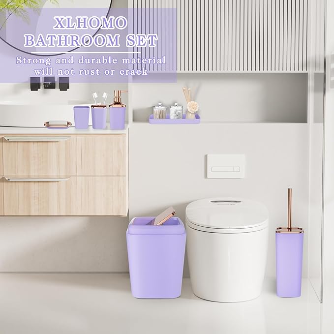 XLHOMO 9-Piece Bathroom Accessories Set, Purple Bathroom Accessories Sets Complete with Trash Can,Tray,Soap Dispenser,Toothbrush Holder,Toothbrush Cup,Soap Dish,Toilet Brush and Q-tip Holders