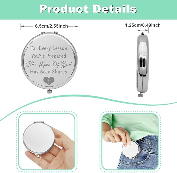 Teacher Gifts for Women Compact Makeup Mirror Teacher Appreciation Gift Religious Gift Encouragement Gifts Travel Makeup Mirror Birthday Thanksgiving Graduation Gift (Silver)