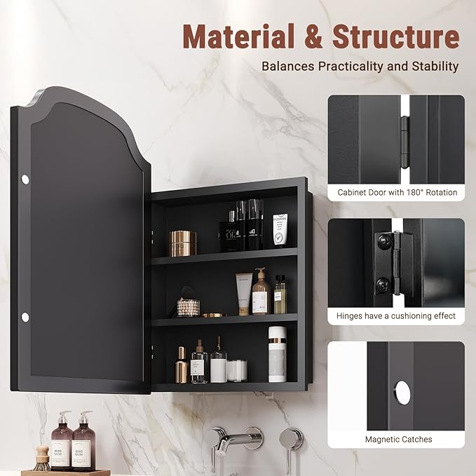 16x24 Inch Medicine Cabinet - Surface Mount or Recessed Bathroom Mirror Cabinet with Storage, Metal Framed, Sturdy & Easy Installation（Black）