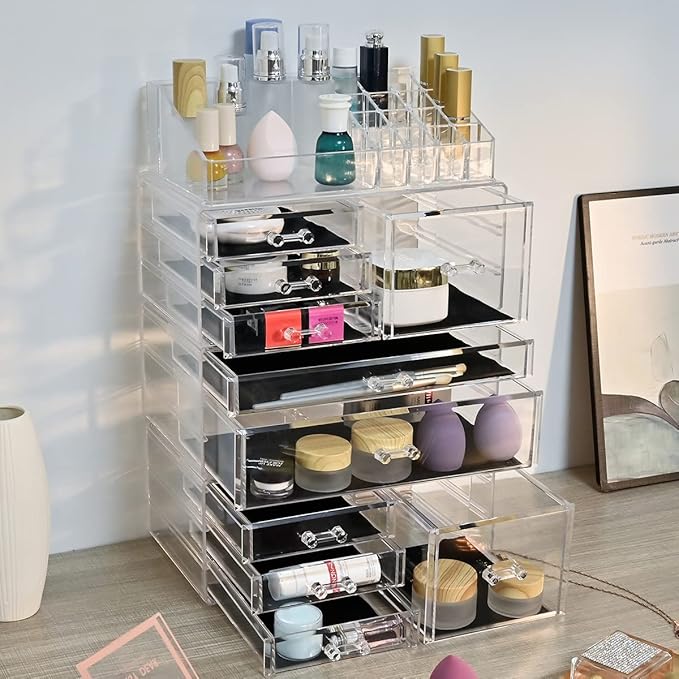 Makeup Organizer,Large Clear Acrylic Makeup drawers Cosmetic Makeup and Jewelry Storage Case Display Box With 10 Large Drawers,Great for Bathroom, Dresser, Vanity and Countertop