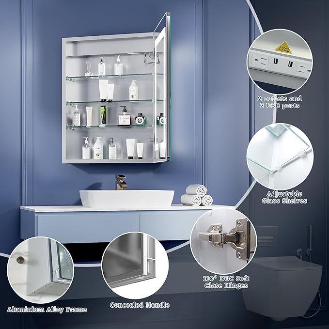 ExBrite LED Lighted Bathroom Medicine Cabinet with Mirror, 24 x 30 Inch, Recessed or Surface Mount, Anti-Fog, Stepless Dimming, Color Temperature Adjustment, 2 Outlets, Storage Shelves, Right Hinge