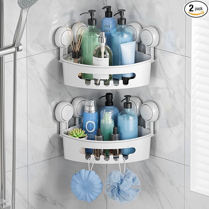 TAILI Suction Corner Shower Caddy, Bathroom Shelf Storage Basket Wall Mounted Organizer for Shampoo, Conditioner, Plastic Rack for Kitchen&Bathroom, Drill-Free Removable (2 Pack)