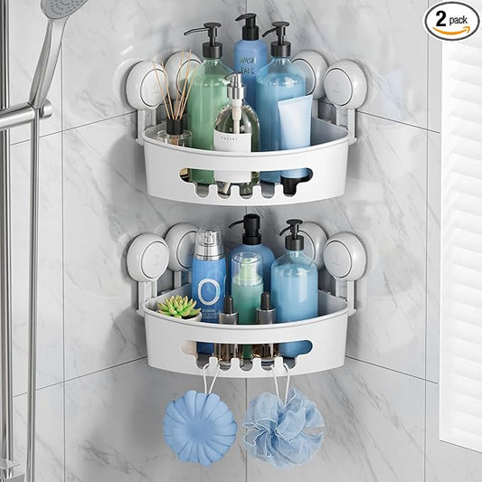 TAILI Suction Corner Shower Caddy, Bathroom Shelf Storage Basket Wall Mounted Organizer for Shampoo, Conditioner, Plastic Rack for Kitchen&Bathroom, Drill-Free Removable (2 Pack)