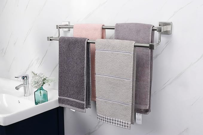 TocTen Double Bath Towel Bar - Thicken SUS304 Stainless Steel Towel Rack for Bathroom, Bathroom Accessories Double Towel Rod Heavy Duty Wall Mounted Square Towel Holder(Brushed Nickel, 24 INCH)
