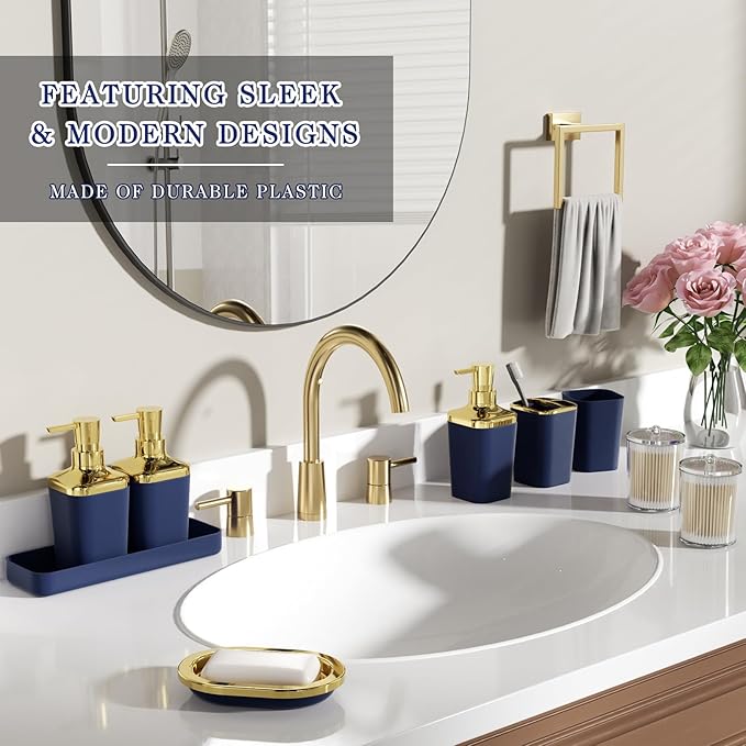 Bathroom Set — Blue Bathroom Accessories Set, 11PC Bathroom Accessory Set, Blue Bathroom Set with Push-lid Trash Can, 3PC Soap Dispensers, Toilet Brush & Qtip Holders