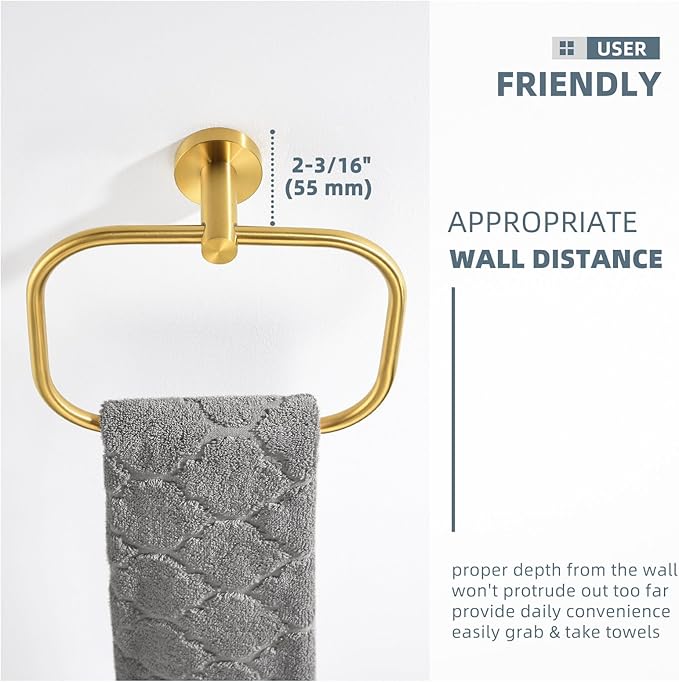 Angle Simple Square Towel Ring Brushed Dark Gold, SUS304 Stainless Steel Swivel Hand Towel Holder for Bathroom, Wall Mount, 7.87 Inches