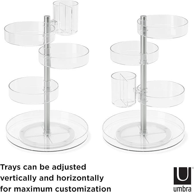 Umbra Pirouette Cosmetic Organizer, Large Capacity Makeup Storage with Adjustable Compartments, Clear/Nickel