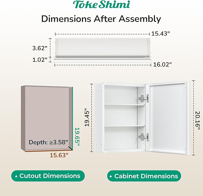 TokeShimi 16 x 20 White Recessed Medicine Cabinet with Mirror, Assembly Required, Bathroom Medicine Cabinet with Mirror, Stepless Adjustable Shelves, Beveled Aluminum Frame, DTC Hinge