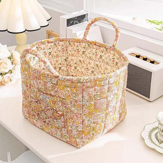 Quilted Fabric Storage Basket Boho Floral Laundry Hamper with Handle Foldable Floral Basket Organizer for Car Bedroom