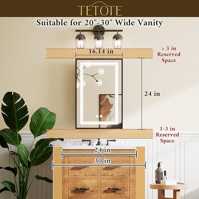 TETOTE White Lighted Medicine Cabinet with Tempered Glass Mirror 16 x 24 White Metal Led Recessed Medicine Cabinet for Bathroom with Lights and Storage, 3 Color Dimming, Anti-Fog, 2 Outlets
