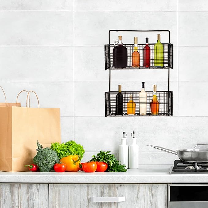 Double Shelf Bathroom Wall-Mounted Storage Rack Iron Draining Basket for Toilet Kitchen Strong Load Capacity Smooth Polished Surface Space-Saving Organizer in Black