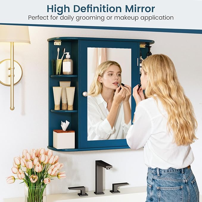 COSTWAY Medicine Cabinet with Mirror, Wall Mounted Bathroom Storage Cabinet with Mirror Door and Adjustable Shelves, Space-Saving Storage Organizer for Living Room Kitchen Entryway (Blue)