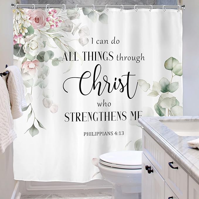 Riyidecor Eucalyptus Bible Verse Shower Curtain for Bathroom Decor 72Wx72H Green Leaf Pink Rose Christian Quotes Botanical Plant Scripture Art Printed Fabric Polyester Waterproof 12 Pack Plastic Hooks