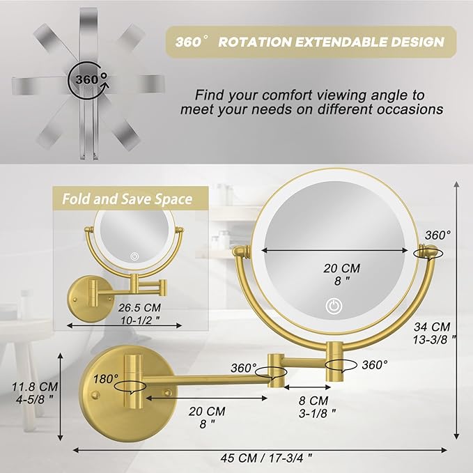 Make up Mirror Wall Mounted Lighted 10X Magnifying, 8" Double Sides 3 Color Lighting Touch Dimming, 360 Swivel Extended Arm Shaving Light up Mirror Hard Wired for Bathroom, Brushed Gold