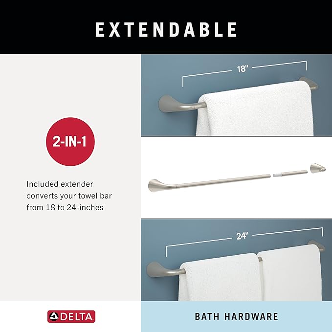 Delta Arvo (1-Pack) 18'' w/ 6" Extender Towel Rack for Bathroom SpotShield Brushed Nickel Extendable 18-24" Towel Bar for Bathroom Wall Towel Holder Rod Wall Mounted ARV18-DN