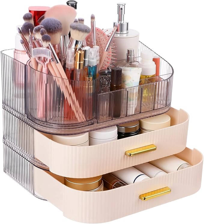 3 Tiers Makeup Organizer with Drawers, Makeup Holder 360° Rotating Brush Holder, Large Capacity Cosmetic Storage with Clear Top Slots, Vanity Organizer for Skincare Perfume Lipstick Jewelry