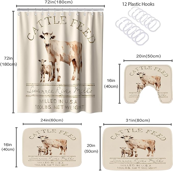 Farmhouse Cattle Feed Cow Rustic Bathroom Sets with Shower Curtain 72Wx72H and Rugs and Accessories Decor with Bath Mat, U-Shaped Contour Velvet Washable 20 x 31 inches Ivory and White