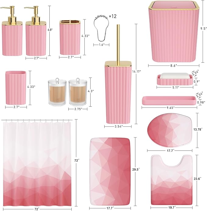 XLHOMO Bathroom Accessory Set - 26PC Bathroom Shower Curtain and Rug Set, Bathroom Accessories Set, Pink Bathroom Set with Trash Can, Toilet Brush, Qtip Holder & Soap Dispenser
