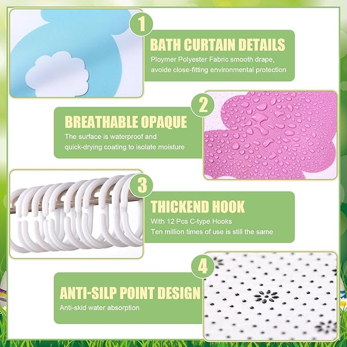 Nuanchu 6 Pcs Easter Shower Curtain Set with Rug Easter Bunny Bathroom Sets with Shower Curtain Bath Mat U Shaped Mat Toilet Lid Cover 2 Bath Towels and 12 Hooks Rabbit Bathroom Decor