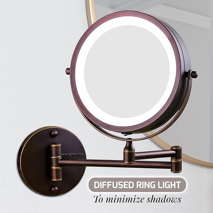 OVENTE Wall Mounted Lighted Makeup Mirror, 7" Double Sided 1X/10X Magnifying Vanity Mirror for Bathroom with LED Lights, Cordless, 360° Rotation and 13" Extendable Arm, Antique Bronze MFW70ABZ1X10X