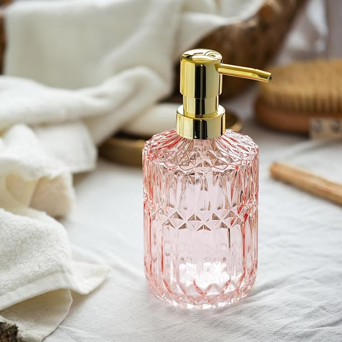 EMPO 6PCS Bathroom Clear Glass Accessories Set (Lotion Soap Dispenser, Soap Dish, Toothbrush Holder, Tumbler, Cotton Swab Jar), Contemporary Modern Decor Crystal Vintage Gift (6pcs Light Pink)