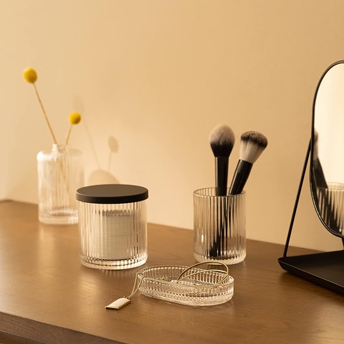 Navaris Glass Bathroom Accessories Set (4 Pieces) - Includes Soap Dispenser, Toothbrush Tumbler, Soap Dish, Cotton Pad Holder - Clear Glass with Black Metal