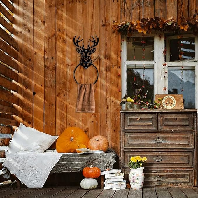 MAYJOYDIY Deer Animal Metal Towel Ring Deer Head Towel Holder Elk Antler Wall Decor Towel Hanger Black Art Custom Towel Rack Wall Mounted for Bathroom Kitchen Home Decors Gift