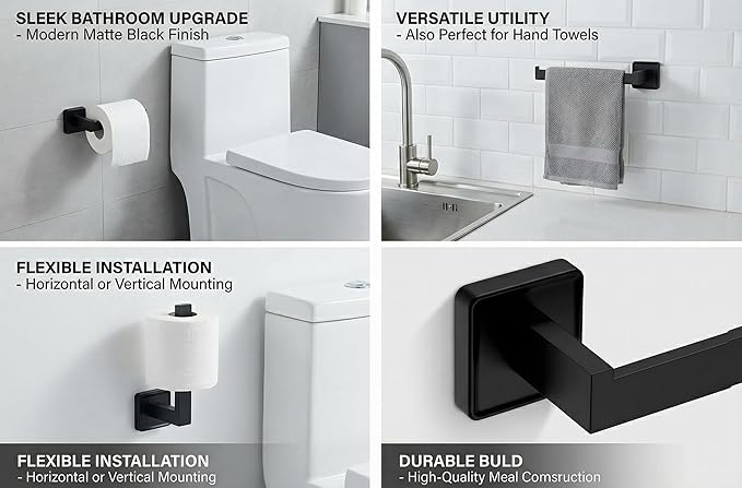 5-Piece Square Matte Black Bathroom Hardware Set - Wall Mounted Towel Bar Bath Accessories