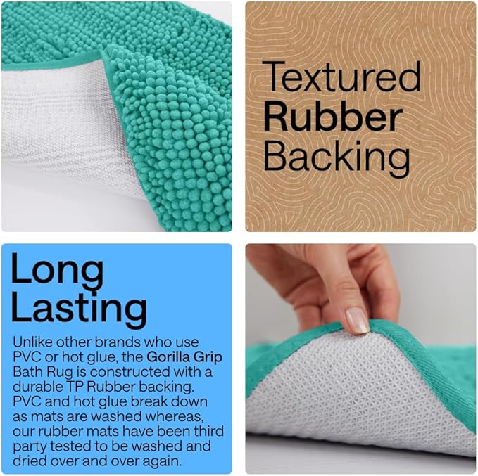 GORILLA GRIP Bath Rug Mat 36x24, Soft Absorbent Chenille, Quick Dry Microfiber Mats, Rubber Backing Washable Shower Floor Rugs, Bathmat Runner, US Designed Bathroom Home Decor Accessories Turquoise