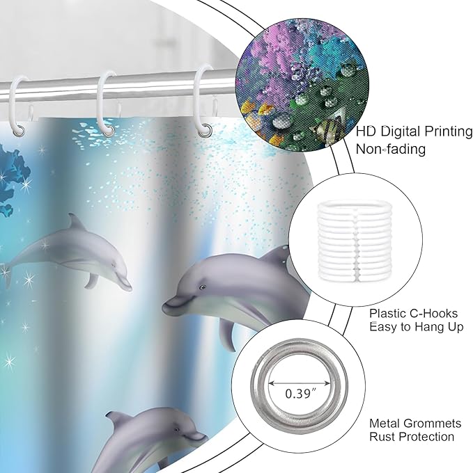 Ocean Dolphin Shower Curtain Set with 12 Hooks, Underwater World Themed Bathroom Decor, Water Resistant Fabric Bath Curtain 4 Piece Set