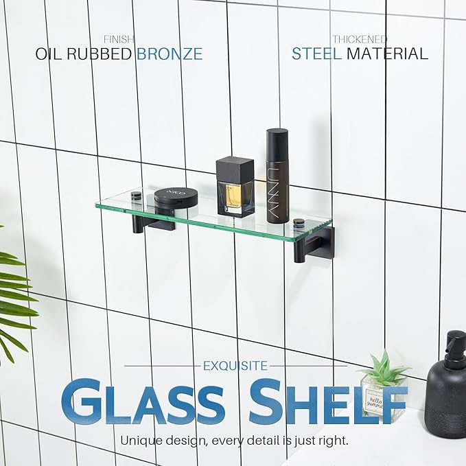 KOKOSIRI 16-Inch Bathroom Shelves Glass Floating Shelf Toilet Roll Holder Toilet Paper Holder Stainless Steel Oil Rubbed Bronze B1105ORB-L16+B2008ORB