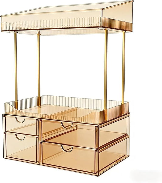 SNSLXH 4 Drawers Makeup Organizer - 4 Tier Makeup Storage, Cosmetics Organiser, Ideal for Cosmetic, 4 Dividers with Drawers for Countertop, Bathroom, Office Supplies, Dresser Transparent Tawny