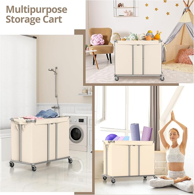 Hodonas 230L Rolling Laundry Hamper, 2-Section Laundry Basket with Wheels, 61 Gallons Laundry Sorter with Metal Structure and Removable Liner, Clothes Hamper for Laundry Room, Bathroom, Bedroom, Beige