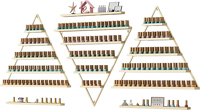 Wall-Mounted Nail Polish Rack, Set of 6 Triangular Gold Nail Polish Shelf Lipstick Perfume Cosmetic Display Shelf for Home Spa Nail Salon Shop
