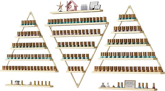 Wall-Mounted Nail Polish Rack, Set of 6 Triangular Gold Nail Polish Shelf Lipstick Perfume Cosmetic Display Shelf for Home Spa Nail Salon Shop
