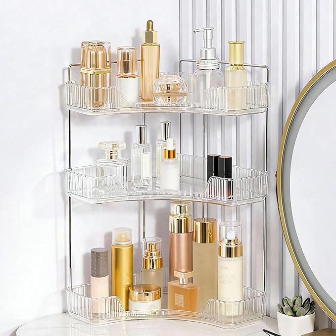 Multi-Tier Corner Countertop Organizer Rack, Makeup Organizers for Vanity, Practical Shelf for Toiletries and Accessories, Corner Counter Storage for Bathroom Dresser (White-3Tier)