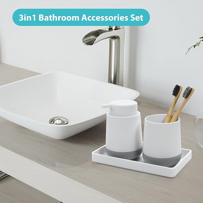 GAHEFY White Bathroom Countertop Accessories Set - Soap Dispenser and Toothbrush Holder with Silicone Boot,Vanity Tray (White Foam)
