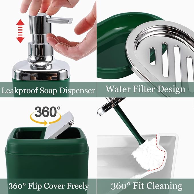 XLHOMO Dark Green Bathroom Accessories Set, Green Bathroom Set with Trash Can, Toothbrush Holder, Toothbrush Cup, Soap Dispenser, Soap Dish, Toilet Brush Holder, 2 Qtip Holder Dispensers and Tray